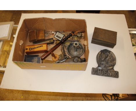 A box containing a Phoenix insurance plaque; a turned wooden truncheon; chambersticks; vintage oil can; silver plated items; 