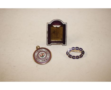 A Guilloche enamel and painted pendant with bands of white and purple heightened with rose heads; enamelwork miniature photo 