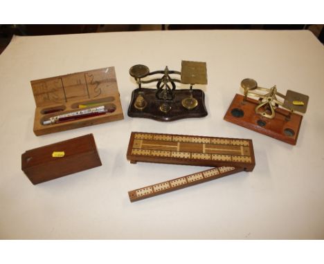 Two sets of postage scales, various weights etc 
