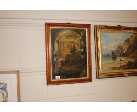 A coloured print "The Sisters Grave", contained in maple frame 