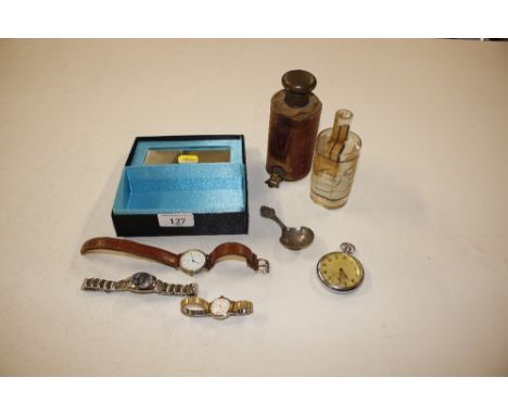 A Leonidas military pocket watch; a caddy spoon; three wrist watches etc