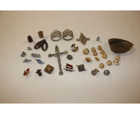 A collection of military button and enamel badges, a white metal Corpus Christie and other items 