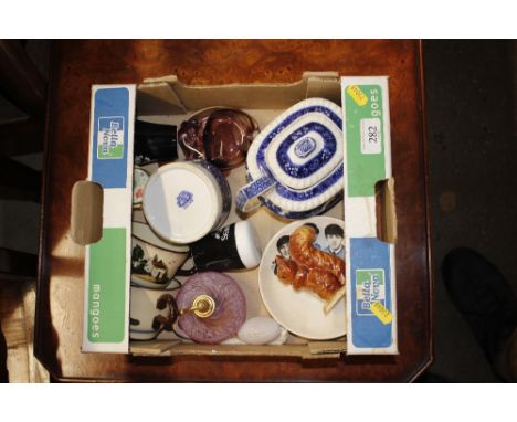 A box containing various decorative china to include Beatles plates, Guinness memorabilia, Caithness atomiser etc. 
