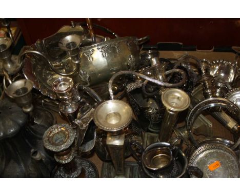 Assorted plated wares, to include basket, three-light candelabra, various candlesticks etc 