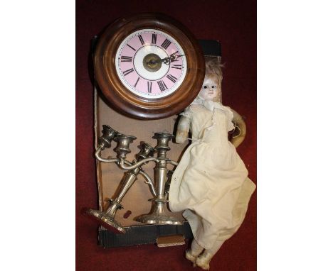 Mixed lot to include reproduction postman's alarm clock with weights, composition doll, and a pair of plated three light cand