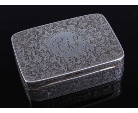 A silver snuff box having bright cut leaf engraved decoration monogrammed cartouche, gilt washed interior, 33g, 5cmCondition 