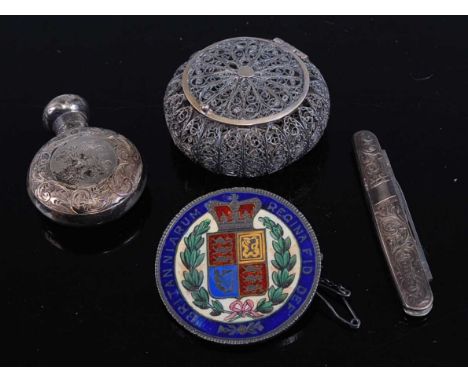 A silver small pocket fruit knife, together with a silver miniature ovoid scent bottle, filigree small trinket box, and a lat