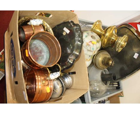 Two boxes to include assorted metalware, glass lampshades, oil lamp, etc