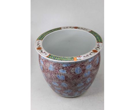 A large modern Chinese style jardiniere, enamel decorated with leaves and flowers, h.33cm