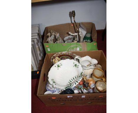 Two boxes of various ceramics to include a pair of stoneware tankards, figural table lamp, etc