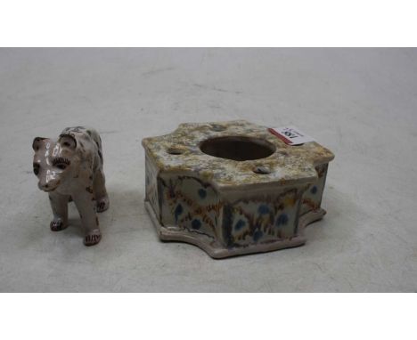 A continental faience inkstand, probably early 19th century, width 11cm, together with a faience small bear, width 9.5cm (2)