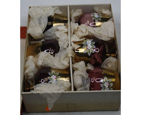 A boxed set of six Bohemian purple glass and enamel decorated oversized brandy balloons, circa 1970s