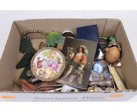 A small collection of miscellaneous items to include a 19th century continental oil on tin depicting a seated cavalier, a sil