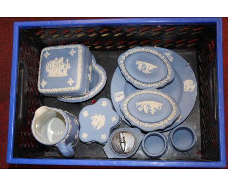 Assorted Wedgwood pale blue jasperware, to include cream jug, table lighter, trinket boxes etc 