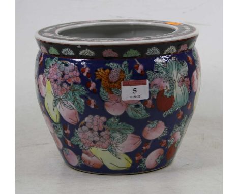 A 20th century Chinese stoneware goldfish bowl, enamel decorated with fruit, four character seal mark to the underside, heigh