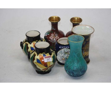 A pair of modern cloisonne enamel bottle vases, studio glass vase, pair of Eljoco of Holland twin handled vases; and two Carl