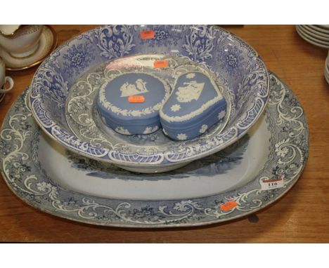 A Victorian Staffordshire meat plate, transfer printed in the Rhine pattern, w.49cm; together with a matching bowl; a Victori