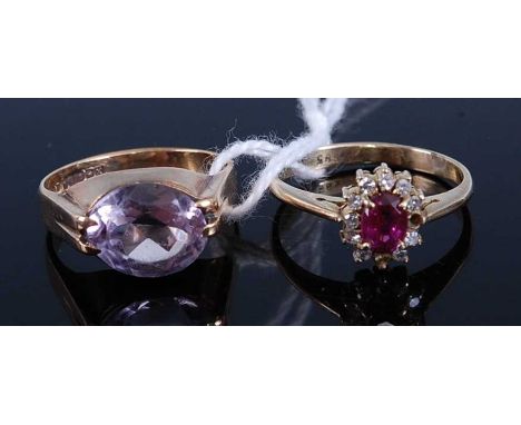 Two gold rings, being a 9ct yellow gold amethyst ring, having an oval amethyst in a four-claw setting, amethyst dimensions ap