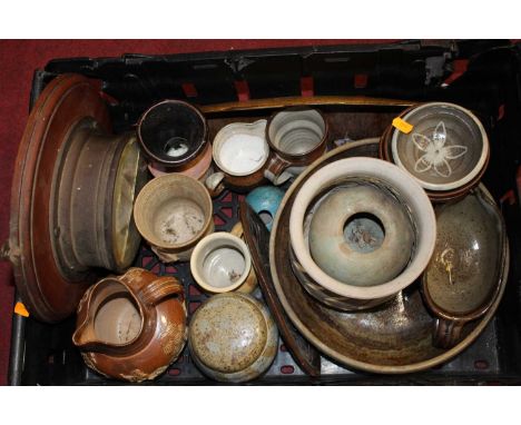 A box of assorted stoneware studio ceramics, stoneware harvest jug, a wall barometer, Japanese floor vase (a/f) etc