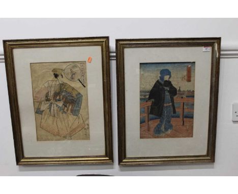 A late 19th century Japanese wood block print depicting a figure on a balcony, signed and with studio seals, 35x25cm, and one