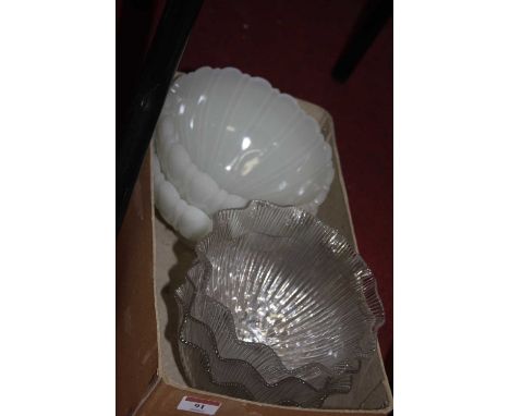 A set of three Art Deco style holophane moulded glass lamp shades, together with three others similar