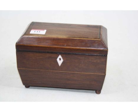 A late Regency partridgewood, ebony, and box wood strung tea caddy of sarcophagus form on turned feet, width 18cm