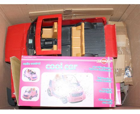 A large box containing a boxed vivid Imaginaions plastic Mini Cooper with Sindy doll, also a boxed Barbie VW Microbus, and a 