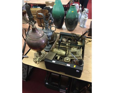 One box of miscellaneous metalware to include a set of brass post office scales and weights, an eastern brass ewer etc, toget