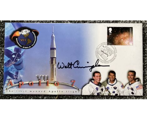 Apollo 7 Walt Cunningham signed Space cover NASA Astronauts. 2002 postmarked cover. Superb illustration on front of scenes fr