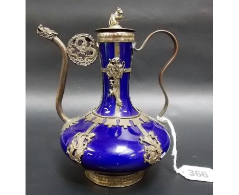 Chinese white metal mounted blue glazed porcelain teapot, the lid with rat finial, character marks to the base, height 6.25'.