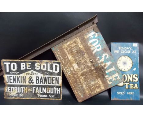 A Lyons Tea enamel sign, painted with a clock & inscribed 'TO-DAY WE CLOSE AT ..... LYONS TEA SOLD HERE', height 18'; togethe