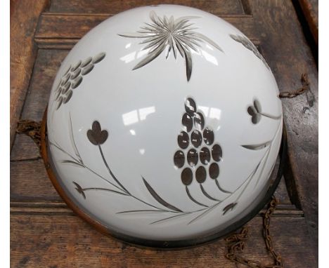 White opaque glass overlay dome ceiling light shade, cut with bunches of grapes and flowers, diameter 12'.