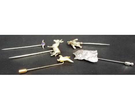 9ct gold & blue enamel buffalo Lodge stick pin, the pin in nickel; together with 4 other stick pins