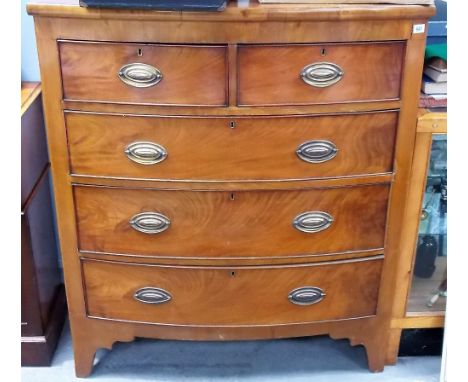 19th Century mahogany veneered bow front chest of two short over three long graduated drawers upon bracket feet, width 42.5'.