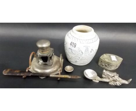 Chinese white metal hinge lidded inkwell, with two apertures for pens; together with a metal mounted, hinge lidded glass inkw