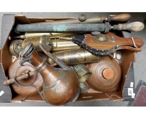 Box of miscellaneous vintage metals including an Eastern copper ewer and a brass Ferndale Coal & Mining Co miners lamp.