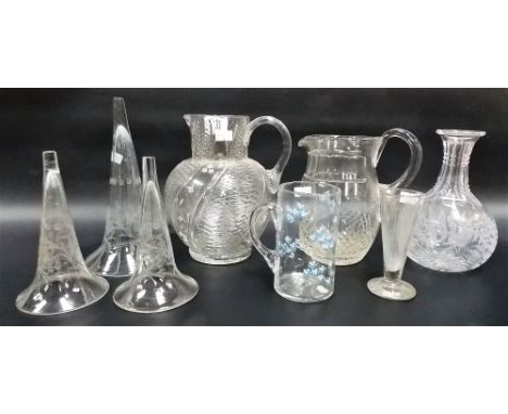Collection of Victorian glass including set of 3 wheel engraved glass trumpets for an epergne