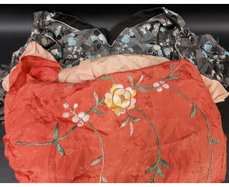 Vintage ladies pink silk embroidered gown, foliate embroidered; together with a peach silk blouse & a printed fabric overdres