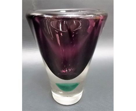 A Hadeland Norwegian art glass vase, amethyst & green clear encased, signed & initialled WJ55, height 5.5'