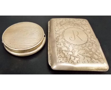 George V silver foliate engraved cigarette case, Birmingham 1916; together with a silver small circular engine turned compact