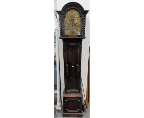 Oak three train 'Grandmother' clock, the 8' arched brass dial inscribed Tempus Fugit, within oak case, height 66'.