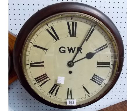 Circular mahogany cased dial clock with single fusee movement, the 11' cream painted dial with Roman numerals and 'GWR'.