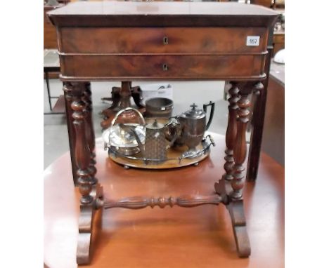 Good Victorian mahogany work table, the rectangular hinged top enclosing a mirror and a fitted interior, with a hinged compar