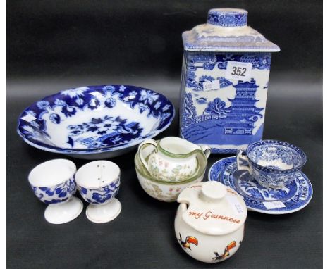 Collection of transfer printed wares inc. a willow pattern lidded caddy for 'RINGTONS LTD, TEA MERCHANTS, NEWCASTLE-UPON-TYNE