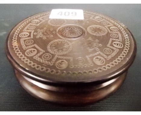 19th Century turned and geometric carved circular snuff box, diameter 3.75'.