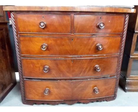 Victorian mahogany veneered bow front chest of two short over three long graduated drawers, width 49'.