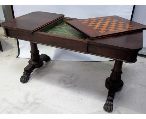 Good William IV mahogany library/games table, the top with pull-out slide, the slide reverses to reveal an inlaid chequerboar