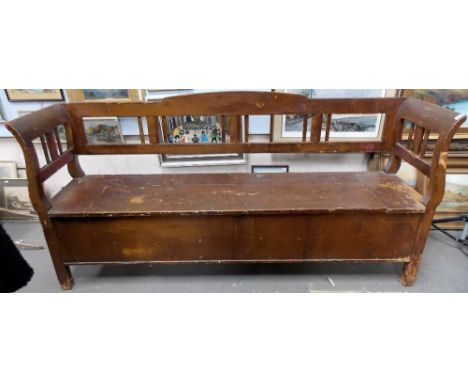 Continental stained pine chest bench, width 78'