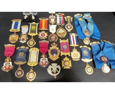 Collection of buffalo Lodge gilt metal & enamel jewels; together with a Cornwall Light Infantry cap badge