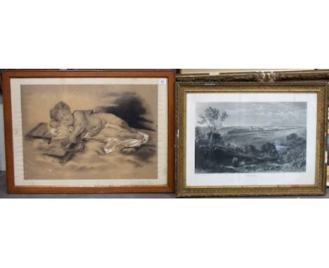 19th Century charcoal & chalk sketch depicting a sleeping infant Christ 18.5' x 26.25'; together with a 19th Century engravin